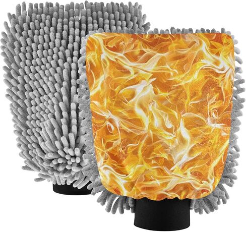 Absorbent Microfiber Car Wash Drying Mitts, 2 Pack, Scratch-Free & Lint-Free, Rich Foam, Highly Absorbent, Double Sided, Wash Mitt Perfect for Car Washing, L, Flame Pattern in Saudi Arabia