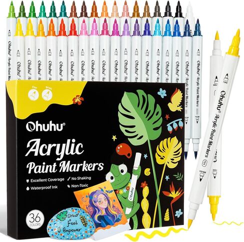 Ohuhu Acrylic Paint Markers Cotton-core: 36 Colors Dual Tips (Brush & Dot) Paint Pens High Opacity Acrylic Markers Waterproof Lightfast for Rock Painting Easter Eggs Wood Glass Ceramic Canvas in Kuwait