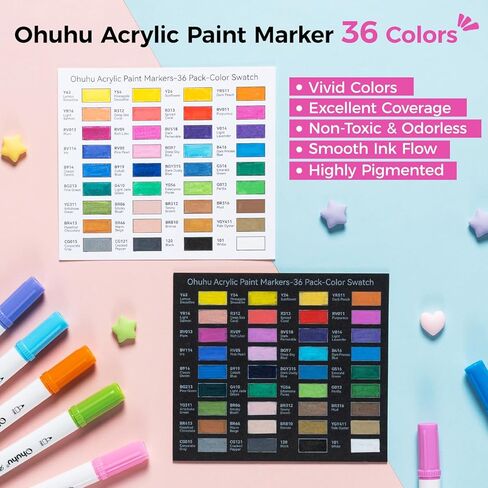 Ohuhu Acrylic Paint Markers Cotton-core: 36 Colors Dual Tips (Brush & Dot) Paint Pens High Opacity Acrylic Markers Waterproof Lightfast for Rock Painting Easter Eggs Wood Glass Ceramic Canvas in Kuwait