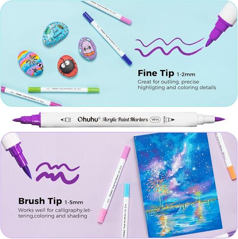 Ohuhu Acrylic Paint Markers Cotton-core: 36 Colors Dual Tips (Brush & Dot) Paint Pens High Opacity Acrylic Markers Waterproof Lightfast for Rock Painting Easter Eggs Wood Glass Ceramic Canvas in Kuwait