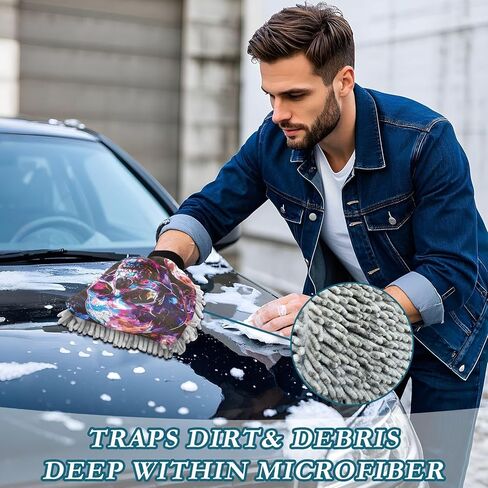 Absorbent Microfiber Car Wash Drying Mitts, 2 Pack, Scratch-Free & Lint-Free, Rich Foam, Highly Absorbent, Double Sided, Wash Mitt Perfect for Car Washing, L, Skull (5) in Saudi Arabia