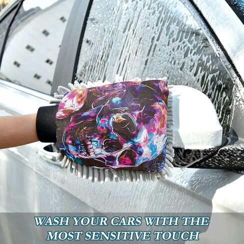 Absorbent Microfiber Car Wash Drying Mitts, 2 Pack, Scratch-Free & Lint-Free, Rich Foam, Highly Absorbent, Double Sided, Wash Mitt Perfect for Car Washing, L, Skull (5) in Saudi Arabia