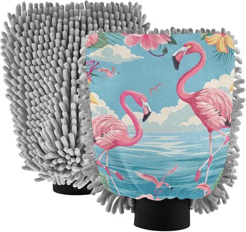Absorbent Microfiber Car Wash Drying Mitts, 2 Pack, Scratch-Free & Lint-Free, Rich Foam, Highly Absorbent, Double Sided, Wash Mitt Perfect for Car Washing, L, Flamingo (6) in Saudi Arabia
