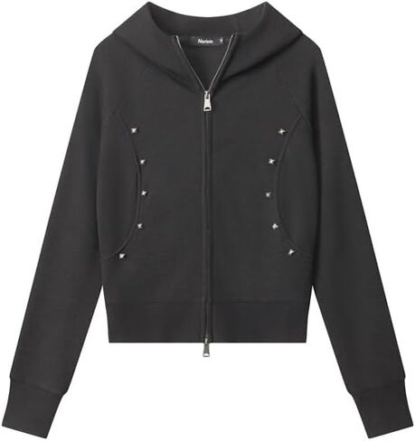 Grunge Emo Studded Cropped Hoodie Y2K Vintage Zip Up Jacket 2000s Punk Goth Double Zipper Sweatshirt Acubi Alt Clothes in Kuwait