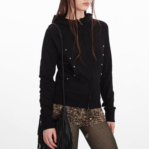 Grunge Emo Studded Cropped Hoodie Y2K Vintage Zip Up Jacket 2000s Punk Goth Double Zipper Sweatshirt Acubi Alt Clothes in Kuwait