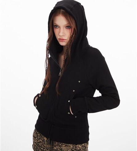 Grunge Emo Studded Cropped Hoodie Y2K Vintage Zip Up Jacket 2000s Punk Goth Double Zipper Sweatshirt Acubi Alt Clothes in Kuwait