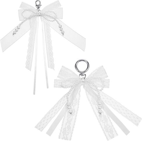2 Pack White Lace Pearl Bow Keychain, Y2k Bowknot Keyring Coquette Aesthetic Keychain Bag Charms, Purse Car Key Chain Charms Accessories for Women Handbags Backpack in Saudi Arabia