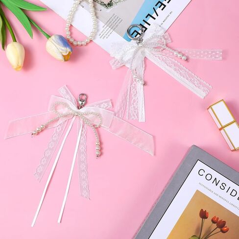 2 Pack White Lace Pearl Bow Keychain, Y2k Bowknot Keyring Coquette Aesthetic Keychain Bag Charms, Purse Car Key Chain Charms Accessories for Women Handbags Backpack in Saudi Arabia