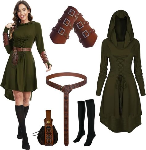 Renaissance Costume Women Hooded Robe Lace Up Dress Halloween Vintage Medieval Cloak in Saudi Arabia