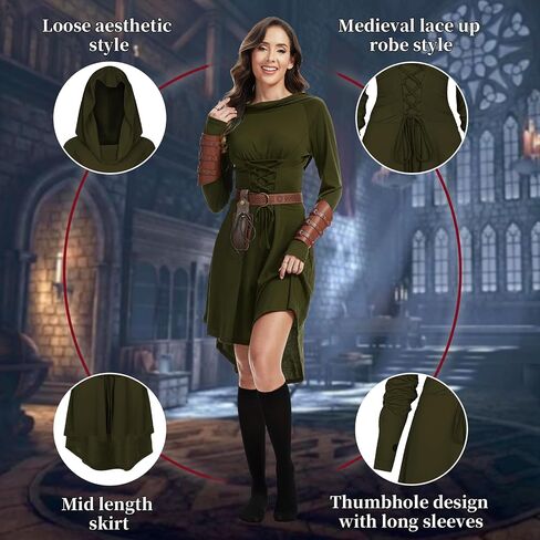 Renaissance Costume Women Hooded Robe Lace Up Dress Halloween Vintage Medieval Cloak in Saudi Arabia
