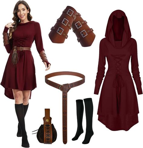 Renaissance Costume Women Hooded Robe Lace Up Dress Halloween Vintage Medieval Cloak in Saudi Arabia