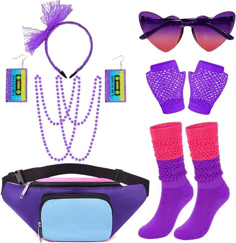 Chiclinco 80s Costume Accessories Kits, Neon Fanny Pack Headband Slouch Socks Cassette Tape Earrings Fishnet Gloves Necklace in Kuwait