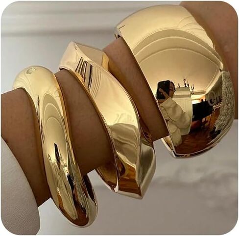 SONNYX 3-4Pcs Chunky Gold Bangle Bracelets for Women Trendy Chunky Cuff Gold Bracelet Stack Bangles Jewelry Daily Wear Set Gifts in Kuwait
