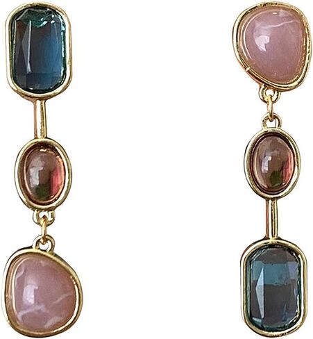 Colorful Three Layered Crystal Tassel Earrings, Boho Asymmetry Gemstone Long Dangle Earrings, Vintage French Drop Jewelry Gifts for Women in Saudi Arabia