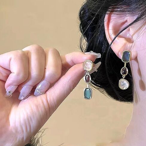 Colorful Three Layered Crystal Tassel Earrings, Boho Asymmetry Gemstone Long Dangle Earrings, Vintage French Drop Jewelry Gifts for Women in Saudi Arabia