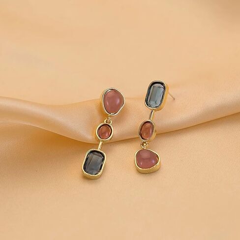 Colorful Three Layered Crystal Tassel Earrings, Boho Asymmetry Gemstone Long Dangle Earrings, Vintage French Drop Jewelry Gifts for Women in Saudi Arabia