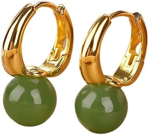 14K Gold White Jade and Green Jade Round Bead Earrings For Women, Unique Gift for Friends On Christmas in Saudi Arabia