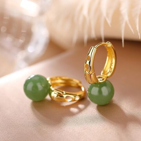 14K Gold White Jade and Green Jade Round Bead Earrings For Women, Unique Gift for Friends On Christmas in Saudi Arabia