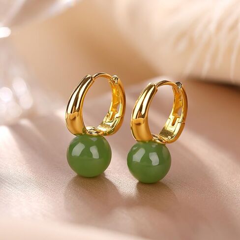 14K Gold White Jade and Green Jade Round Bead Earrings For Women, Unique Gift for Friends On Christmas in Saudi Arabia