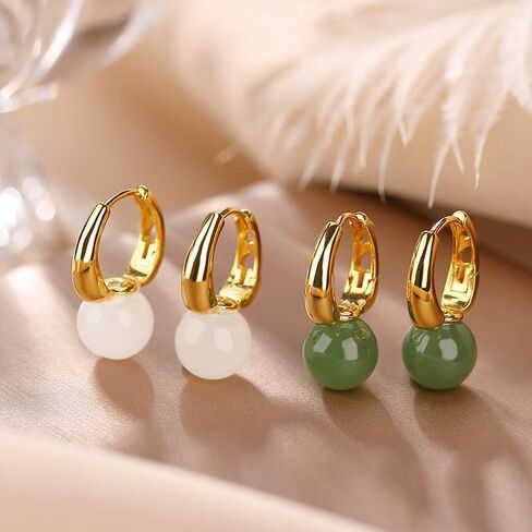 14K Gold White Jade and Green Jade Round Bead Earrings For Women, Unique Gift for Friends On Christmas in Saudi Arabia