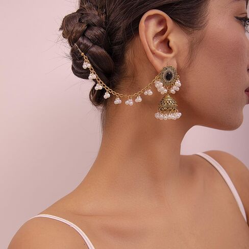 الهندي jhumka jhumki الإثني متدفق الحلق للنساء إكسسوارات شعر الفتيات خمرات الزواج الطويل بيل إسقاط القائد مكعب Zirconia boho متدلي بالخرز Brodro Bollywood المجوهرات التقليدية العرقية الغجر الفريدة in Kuwait