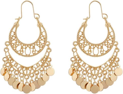 Boho Crescent Moon Round Disc Charm Tassel Indian Long Dangle Drop Earrings for Women Dainty Vintage Gold Plated Statement Dangling Fashion Jewelry in Saudi Arabia