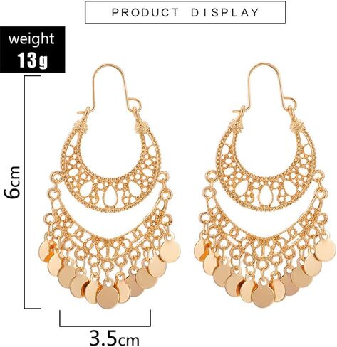 Boho Crescent Moon Round Disc Charm Tassel Indian Long Dangle Drop Earrings for Women Dainty Vintage Gold Plated Statement Dangling Fashion Jewelry in Saudi Arabia