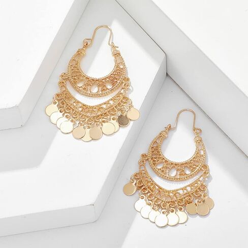 Boho Crescent Moon Round Disc Charm Tassel Indian Long Dangle Drop Earrings for Women Dainty Vintage Gold Plated Statement Dangling Fashion Jewelry in Saudi Arabia
