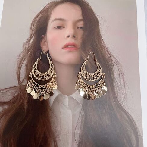 Boho Crescent Moon Round Disc Charm Tassel Indian Long Dangle Drop Earrings for Women Dainty Vintage Gold Plated Statement Dangling Fashion Jewelry in Saudi Arabia