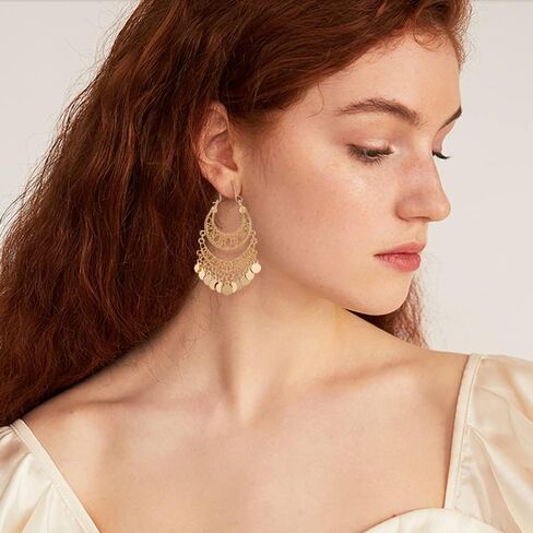 Boho Crescent Moon Round Disc Charm Tassel Indian Long Dangle Drop Earrings for Women Dainty Vintage Gold Plated Statement Dangling Fashion Jewelry in Saudi Arabia