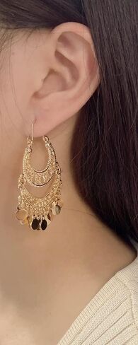 Boho Crescent Moon Round Disc Charm Tassel Indian Long Dangle Drop Earrings for Women Dainty Vintage Gold Plated Statement Dangling Fashion Jewelry in Saudi Arabia