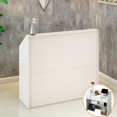 TEENKON Reception Desk with Counter, Modern Front Desk with Lockable Drawers, White Retail Counter for Checkout Salon, Lobby, Store, Small Wood Cashier Table with Grommet (White, 39X15X36 inches) in Kuwait