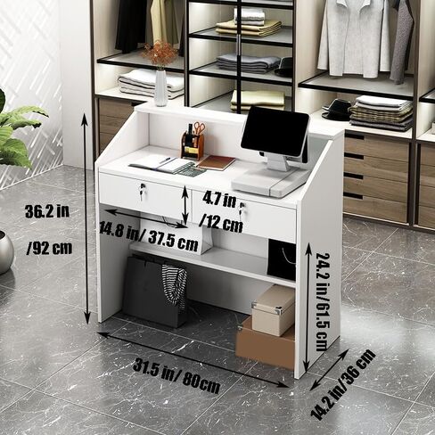 TEENKON Reception Desk with Counter, Modern Front Desk with Lockable Drawers, White Retail Counter for Checkout Salon, Lobby, Store, Small Wood Cashier Table with Grommet (White, 39X15X36 inches) in Kuwait