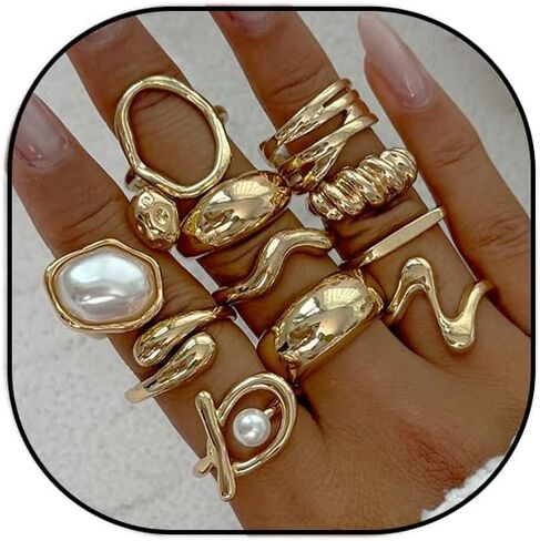 Gold Rings for Women Chunky Ring Non Tarnish Irregular Pearl Rings Stackable Statement Knuckle Ring Jewelry in Saudi Arabia