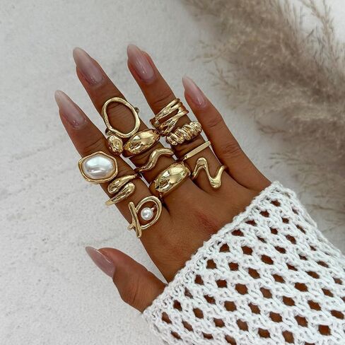 Gold Rings for Women Chunky Ring Non Tarnish Irregular Pearl Rings Stackable Statement Knuckle Ring Jewelry in Saudi Arabia