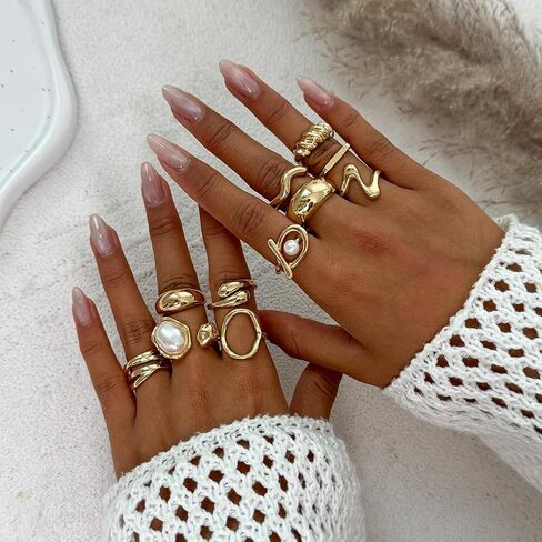 Gold Rings for Women Chunky Ring Non Tarnish Irregular Pearl Rings Stackable Statement Knuckle Ring Jewelry in Saudi Arabia