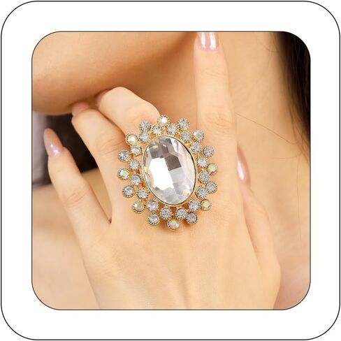 Boho Big Oval Crystal Ring for Women Gold Flower Statement Rhinestone Rings Vintage Square Open Finger Adjustable Crystal Floral Ring Jewelry for Bridal Wedding Party in Kuwait