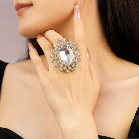 Boho Big Oval Crystal Ring for Women Gold Flower Statement Rhinestone Rings Vintage Square Open Finger Adjustable Crystal Floral Ring Jewelry for Bridal Wedding Party in Kuwait