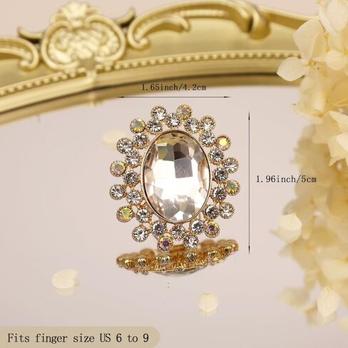Boho Big Oval Crystal Ring for Women Gold Flower Statement Rhinestone Rings Vintage Square Open Finger Adjustable Crystal Floral Ring Jewelry for Bridal Wedding Party in Kuwait
