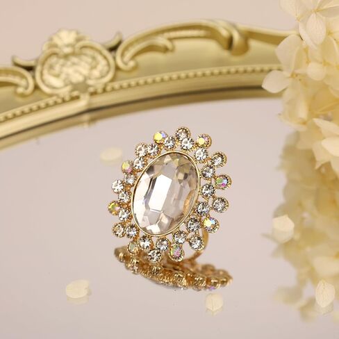 Boho Big Oval Crystal Ring for Women Gold Flower Statement Rhinestone Rings Vintage Square Open Finger Adjustable Crystal Floral Ring Jewelry for Bridal Wedding Party in Kuwait