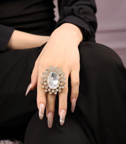 Boho Big Oval Crystal Ring for Women Gold Flower Statement Rhinestone Rings Vintage Square Open Finger Adjustable Crystal Floral Ring Jewelry for Bridal Wedding Party in Kuwait