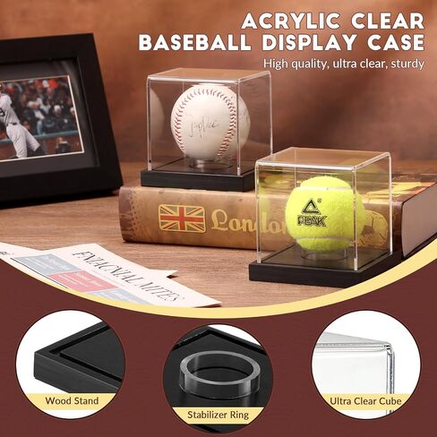 JupDec Baseball Display Case, Clear Cube Baseball Holder with Wooden Base, Autograph Baseball Stand Box for Single Ball, Pine Wood, 1 Pack in Saudi Arabia