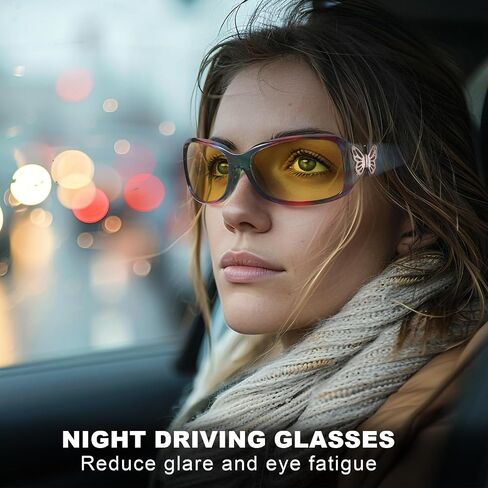 IGnaef Women Trendy Night Driving Glasses Polarized Anti Glare Yellow Night Vision Glasses Butterfly Decor Hinges IF022 in Kuwait