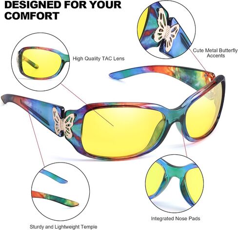 IGnaef Women Trendy Night Driving Glasses Polarized Anti Glare Yellow Night Vision Glasses Butterfly Decor Hinges IF022 in Kuwait