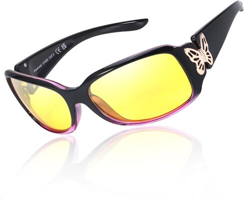 IGnaef Women Trendy Night Driving Glasses Polarized Anti Glare Yellow Night Vision Glasses Butterfly Decor Hinges IF022 in Kuwait