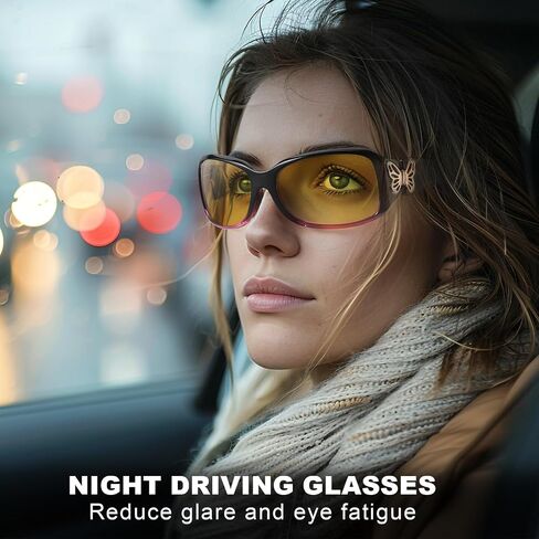 IGnaef Women Trendy Night Driving Glasses Polarized Anti Glare Yellow Night Vision Glasses Butterfly Decor Hinges IF022 in Kuwait