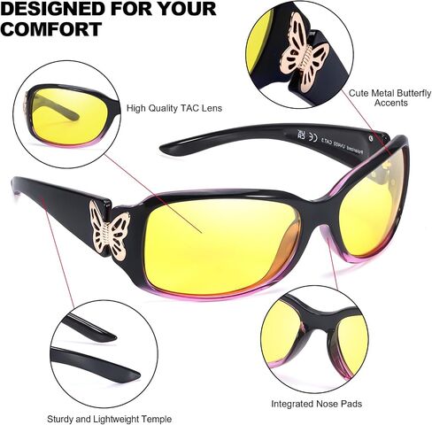 IGnaef Women Trendy Night Driving Glasses Polarized Anti Glare Yellow Night Vision Glasses Butterfly Decor Hinges IF022 in Kuwait