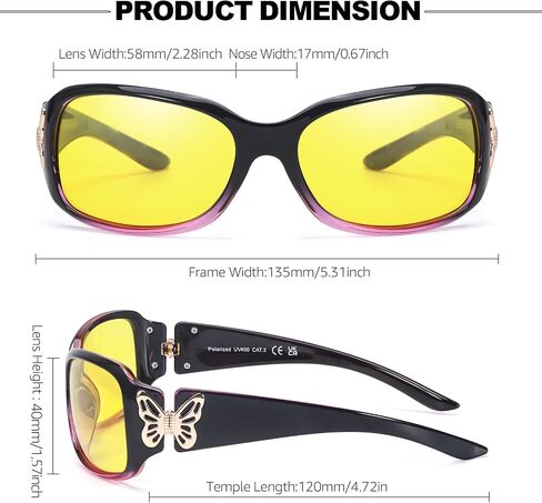 IGnaef Women Trendy Night Driving Glasses Polarized Anti Glare Yellow Night Vision Glasses Butterfly Decor Hinges IF022 in Kuwait