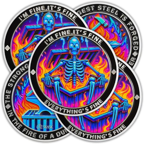 Purple Flame Skeleton Dumpster Fire Coin, I'm FINE Dumpster Fire Challenge Coin - Funny Office Desk Accessories - Novelty Coins Pocket Token - Inspirational Office Gifts for Men Women in Saudi Arabia
