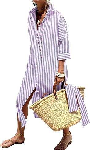 Womens Shirt Dresses Striped Lapel 3/4 Sleeve Maxi Dress Button Down Split Belted in Kuwait